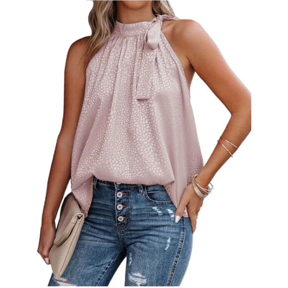 Btfbm Tops - New Pink Leopard Halter Bow tank Top satin fairy whimsical sexy S romantic